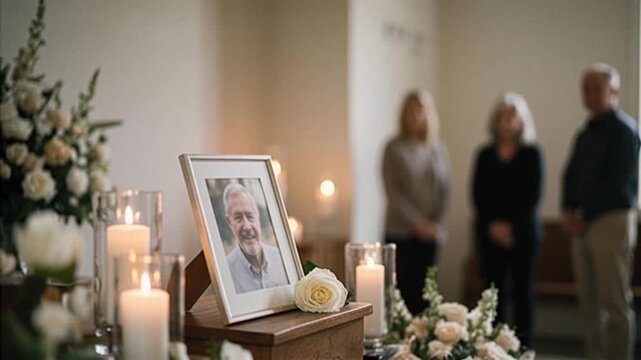 Funeral service setting with framed portrait, candles, and floral arrangements, featuring mourners in the background during a solemn remembrance