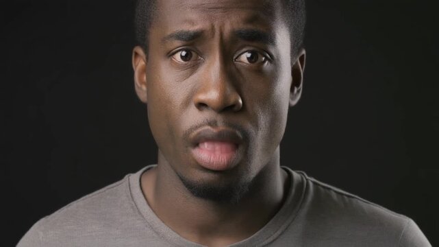 Close-up portrait of a young Black man with a shocked and surprised expression looking directly at the camera against a dark background.