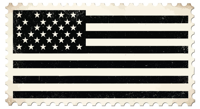 Vintage American flag postage stamp vector, black and white distressed USA flag icon, retro patriotic mail sticker with grunge texture