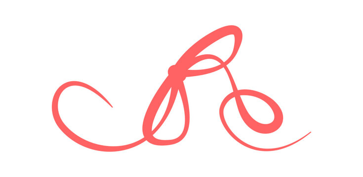 Red french coquette wedding bow motif. Cute romantic ribbon knot with curly line and minimal hand drawn style. Simple whimsical ornament for card or invite and wedding decoration as trendy graphic