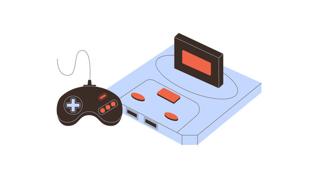 Flat retro y2k video game console patch with classic joystick and gamepad in blue and orange. This 90s controller videogame card design captures nostalgic entertainment vintage arcade fun.