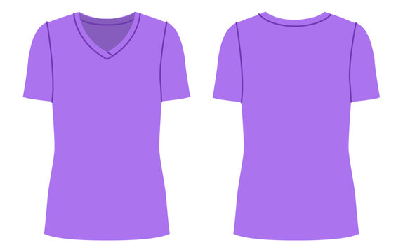 Purple V neck top Short Sleeve fitted silhouette, clean construction lines and smooth shaping, minimal structure and simple casual. Technical fashion illustration in flat color, front back views