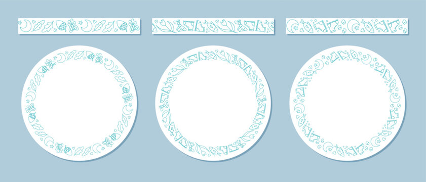 Seamless camp doodle border set in blue line style with tent, campfire and backpack pattern. Circle and frame border with forest hiking adventure, hand drawn for outdoor or trip background.