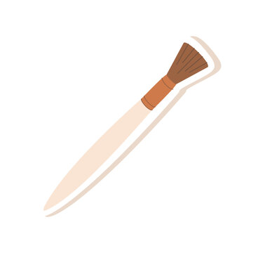 Cartoon paint brush sticker in simple flat art. Fun hobby tool for artist and painter as playful craft supply. Beige handle with brown brush head, white outline and soft shadow suit school