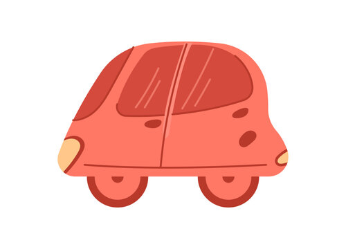 Red compact car in flat style. Small urban automobile as playful vehicle for children and kid poster. Cute red car icon with rounded wheels and window on white background for fun transport traffic