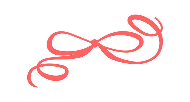 Romantic red coquette bow line art. Cute girly ribbon knot as simple hand drawn ornament. Wavy graphic bow shape suits wedding card and valentine invite with minimal decorative frame or border