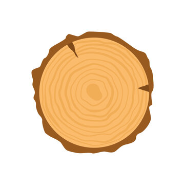 Round yellow tree slice with ring pattern as cute cartoon wood stump sticker. Brown log section forms simple nature . Rustic circle sticker suits forest concept, lumber products label and flat