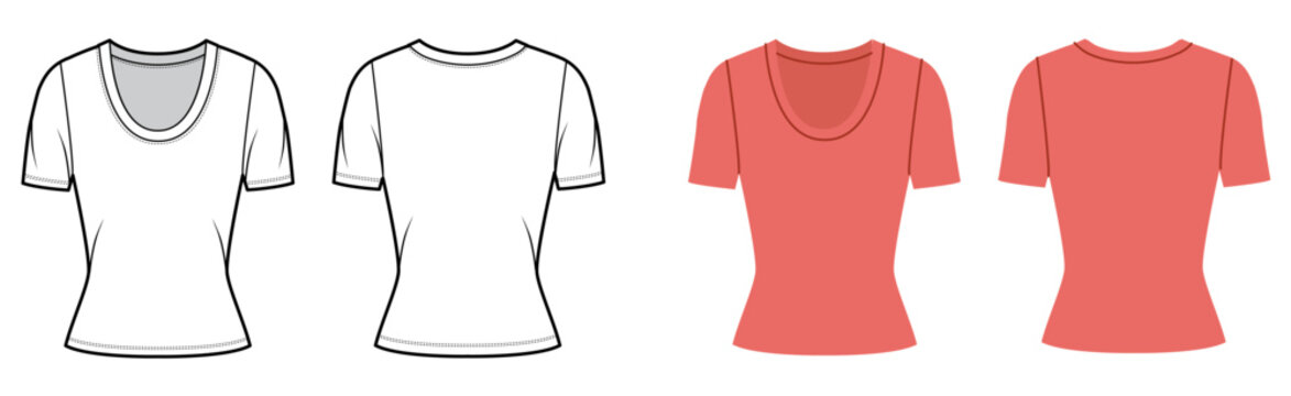 Short sleeve scoop neck top fitted silhouette, clean construction lines smooth shaping, minimal structure simple casual appearance everyday wear. Technical fashion illustration in black white color