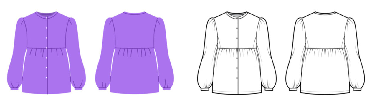 Blouse with empire waist seam, button front closure and long sleeves gathered volume creating soft relaxed silhouette. Technical fashion illustration in black white color, front and back views. Vector