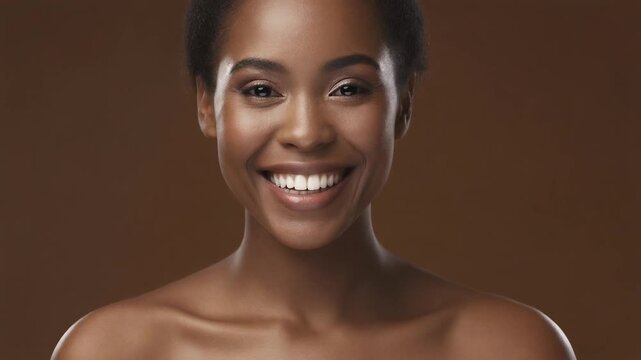 A beautiful, smiling young Black woman with clear skin and a warm, inviting expression against a neutral brown background