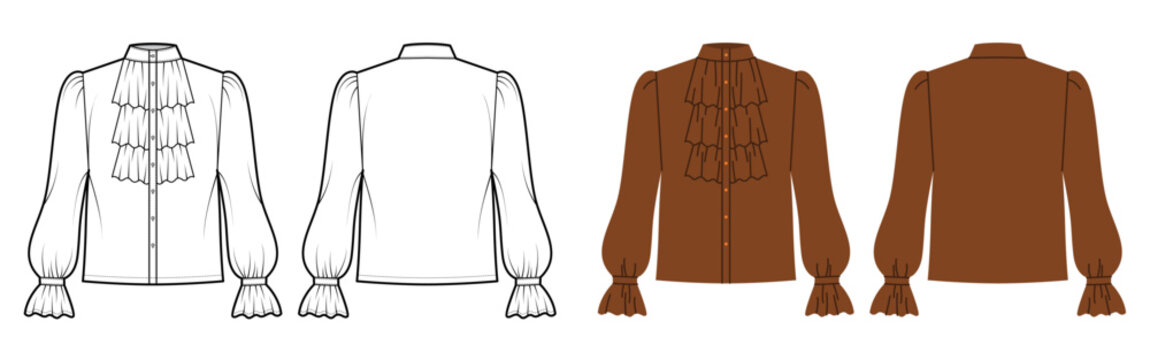 Blouse with high neckline, layered ruffle front panel and long sleeves gathered cuffs structured feminine silhouette. Technical fashion illustration in black white color, front and back views. Vector