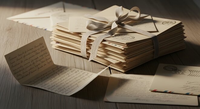 A nostalgic bundle of old envelopes and handwritten mail tied with a fabric bow, featuring antique stamps and cursive script in soft lighting.