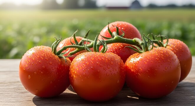 Fresh organic vine-ripened red tomatoes with water droplets on a rustic wooden table in a sunny garden field.