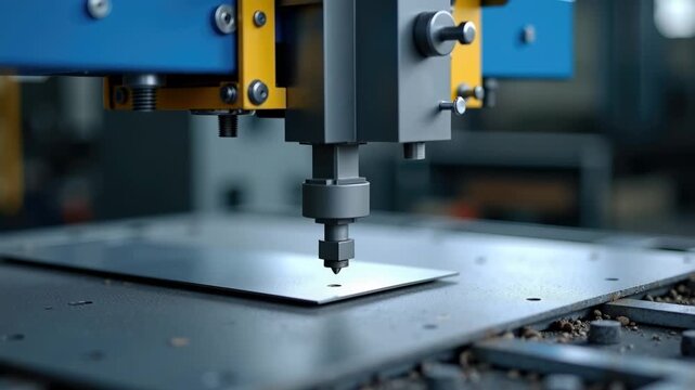 Precision metal press stamping a steel sheet in a factory. Automated industrial machinery operating with a worker in the blurred background