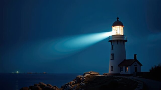 White coastal lighthouse emitting a powerful blue beam across the dark ocean at night. Maritime navigation and safety beacon on a rocky shore