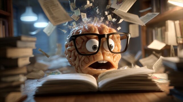Confused brain reading a book in a messy library while papers fly around at night in a cartoon setting