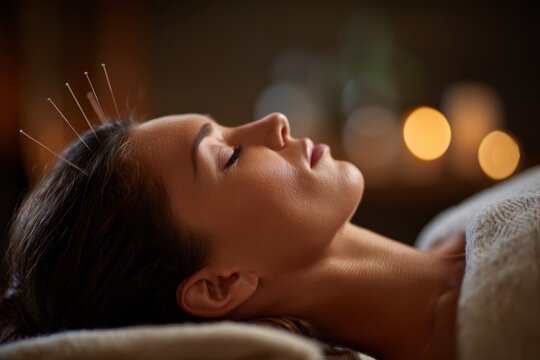 Young woman receives acupuncture treatment in modern wellness salon with warm lighting and relaxing atmosphere