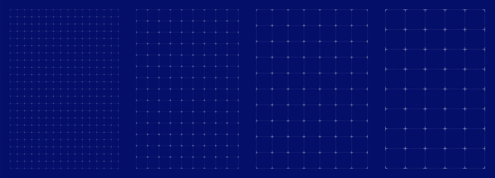 Blueprint grid set dotted axis geometry, four scale variations. Wide medium dense micro spacing comparison, engineering layouts dashboards notebook pages interface planning systems technology graphics