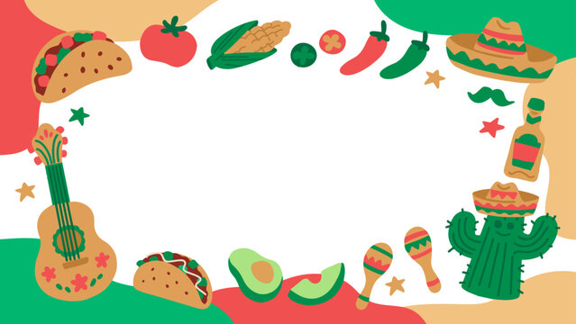 Hand-drawn vector frame illustrations and backgrounds featuring Mexican tacos, avocados, cacti, tequila, and more.
 16:9 メキシコのタコスやアボカド、サボテン、テキーラなどの手書きベクターフレームイラスト