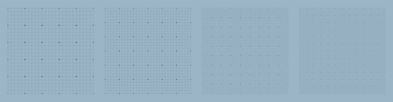 Square grid collection mini Star Dot geometry, four samples blueprint style. Small element lattice structure, interface layouts editorial compositions planning sheets digital technology graphics.