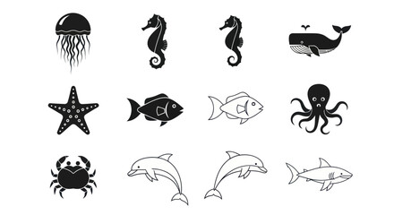 Fototapeta premium Black and white marine life silhouettes