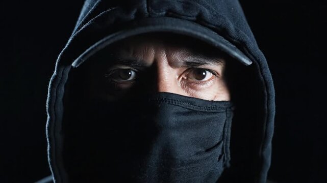 Man in mask opens ey c VSRExport at night in a dark location