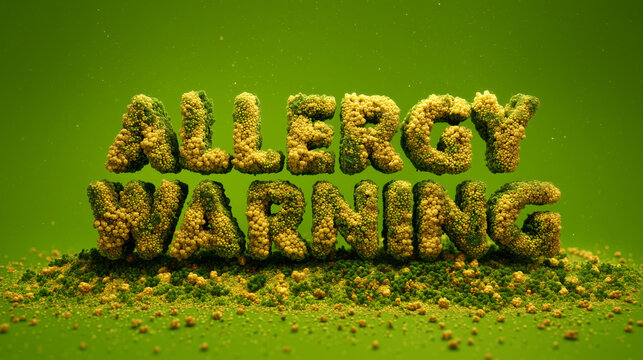 Allergy Warning text rendered in a 3D microscopic pollen and spore style on a vibrant green background, representing hay fever and high pollen counts. Sensory,