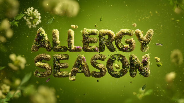 Allergy Season 3d text made of organic botanical textures floating in a hazy green atmosphere with blurred pollen particles and airborne seeds.