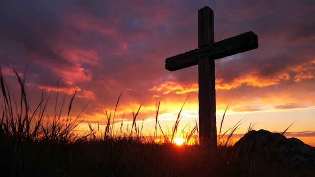 Wooden cross at sunset with grass and rocks ideal for travel vlogs and eco-friendly campaigns