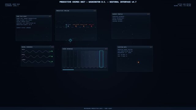 Transparent glass gesture interface with floating data panels predictive timeline and crime case file review 4K