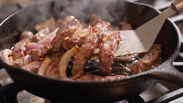 A video of meat being prepared in a cast-iron skillet on the stovetop.