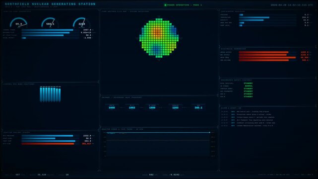Futuristic nuclear reactor control room HUD dashboard animation with real-time monitoring gauges and warning alerts 4K