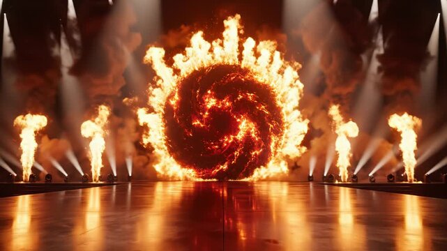 Stage performance with fire and pyrotechnics highlighting geometric patterns and contemporary art