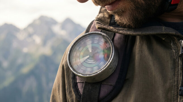 Round altimeter gauge attached to hiker jacket strap