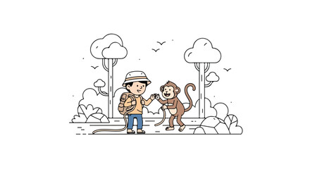 A minimalist vector illustration shows a young explorer with a backpack high-fiving a friendly monkey amidst a serene park setting. © Syifa