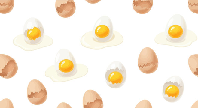 Seamless Pattern of Fresh Eggs: Whole, Cracked, and Fried, Isolated on White