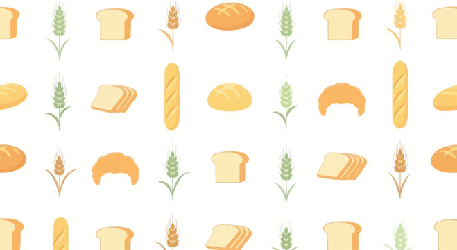 Seamless pattern of various bread types and wheat ears on white background