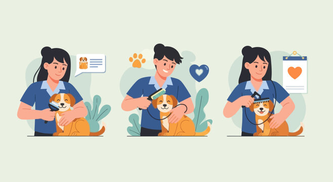 Dog Grooming Process: Brushing, Washing, and Trimming - Flat Design Illustration