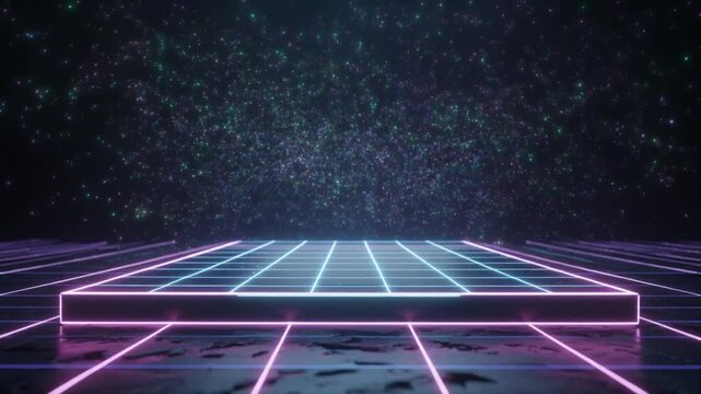 Retro futurism 3D grid stage with neon lights and particle effects, abstract background