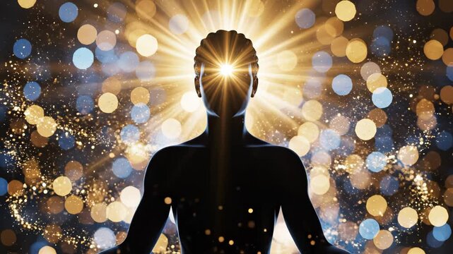 Silhouette of person meditating with glowing light for creative digital media and visual arts