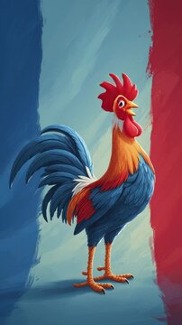 Colorful rooster standing against a blue and red painted background.