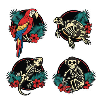 Set of exotic animals and skeletons in tropical style illustration.