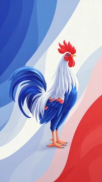 Colorful rooster standing against abstract red white and blue background.