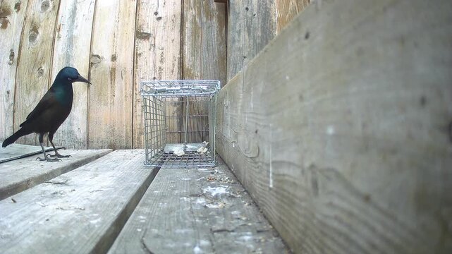 A bronze grackle inspects a non‑lethal trap on a weathered wooden deck, emphasizing natural wildlife interaction and gentle pest‑control practices.