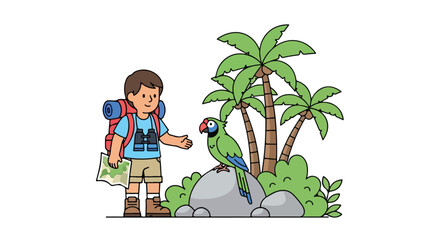 A young hiker with a backpack and map encounters a colorful parrot perched on a rock in a tropical landscape with palm trees and lush bushes. © Syifa