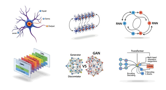 Set of artificial intelligence and machine learning neural network architecture icons