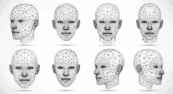 3d wireframe head models set, human face mesh with different angles and expressions