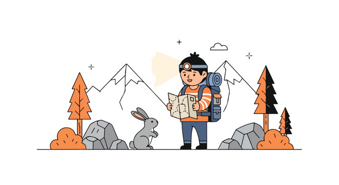 An adventurous young hiker with a large backpack and headlamp examines a map in a scenic mountain landscape alongside a curious rabbit.