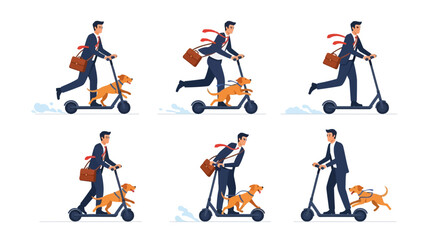 Fototapeta premium Set of businessman riding electric scooter with dog, office worker commuting to work, vector illustration