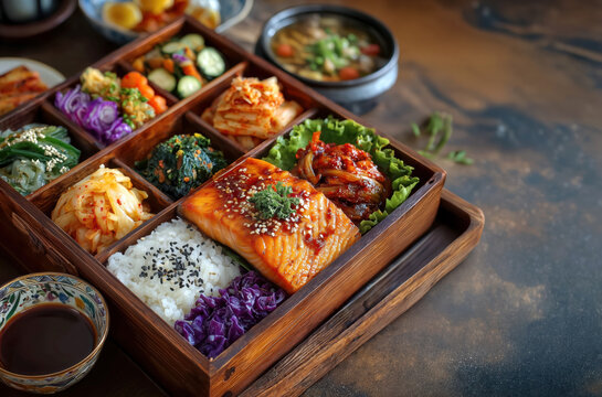Healthy Korean cuisine meal set in wooden box with kimchi and vegetables